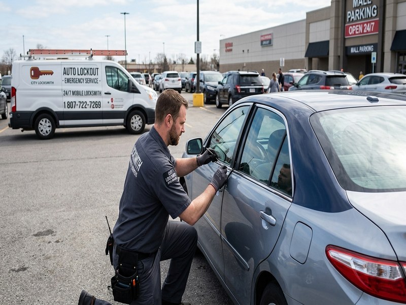 Auto locksmith opening car door at roadside